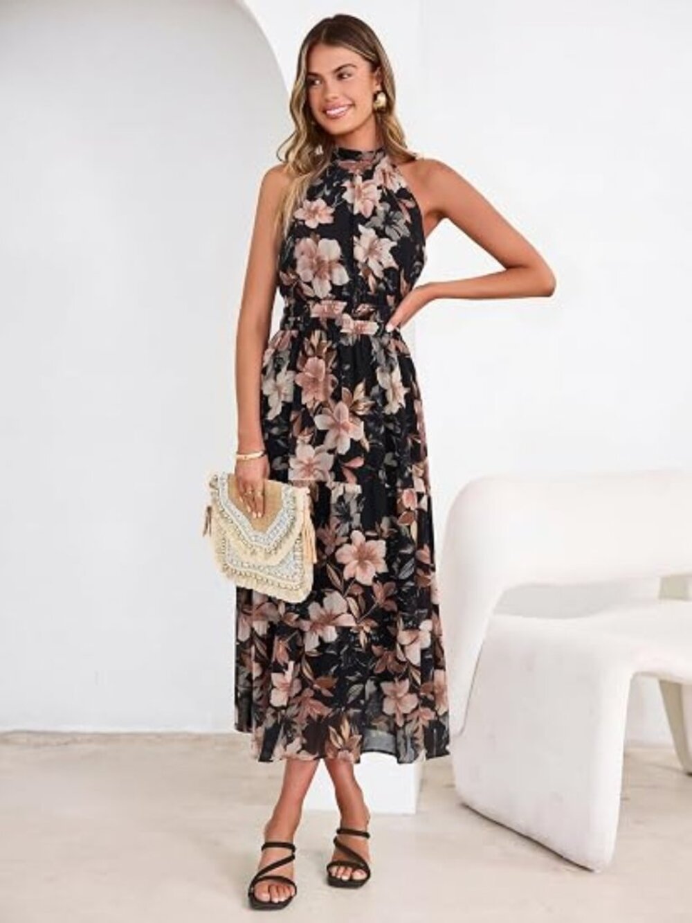Womens Summer Halter Wedding Guest Dress Maxi Floral Vacation Boho Sundresses Fl